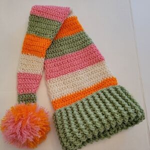 Colorful Striped Unisex Stocking Cap Hat Crochet Orange Pink Green Cream